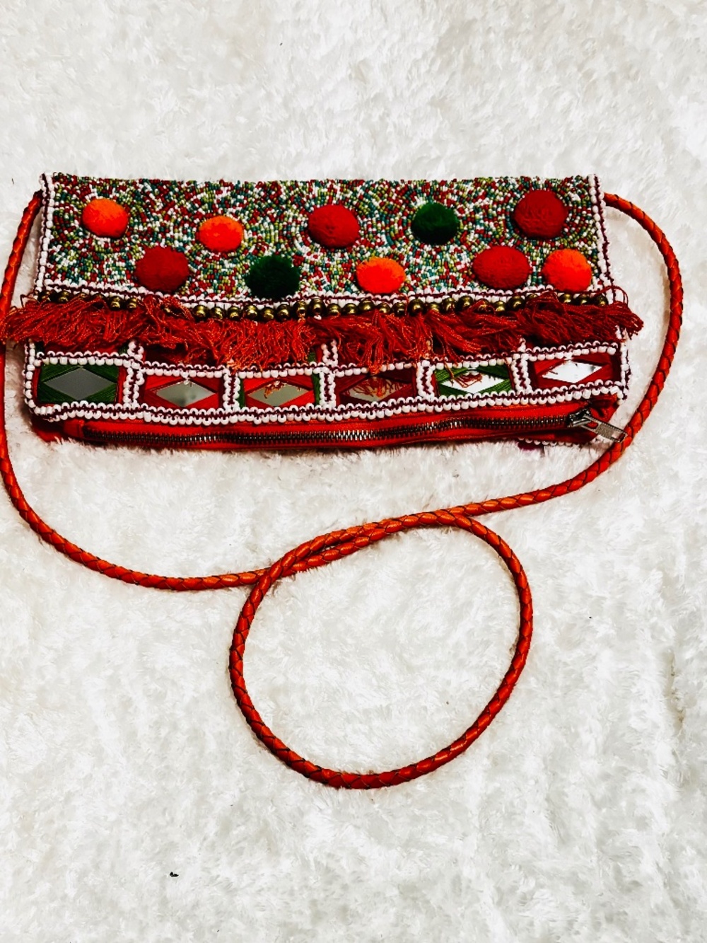 IbBan Beaded Bohemian Crossbody Bag with Pompoms Full Zip Fringe Accent
